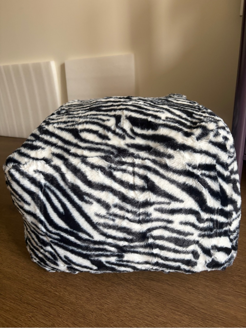 Zebra Print Faux Fur Pouf - Black and White